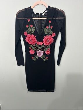 Women’s A’GACI Black Mesh Floral Embroidered Bodycon Dress Size Large